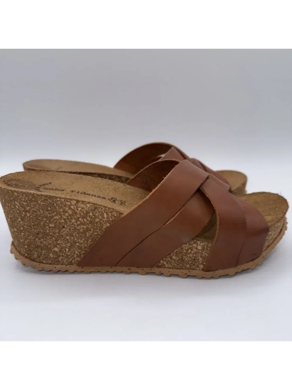 Anna Fidenza Brown Leather Crisscross Wedge Slide Sandals Italy Sz 38/US 7.5-8